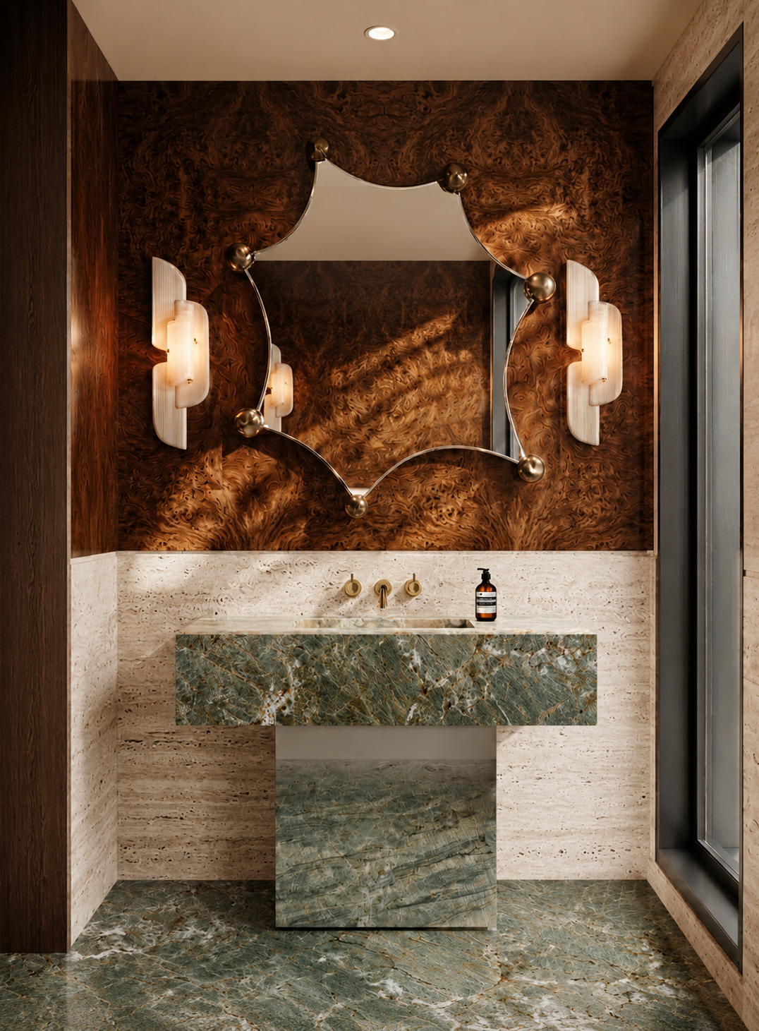 Powder room in verde alpi marble and burl walnut