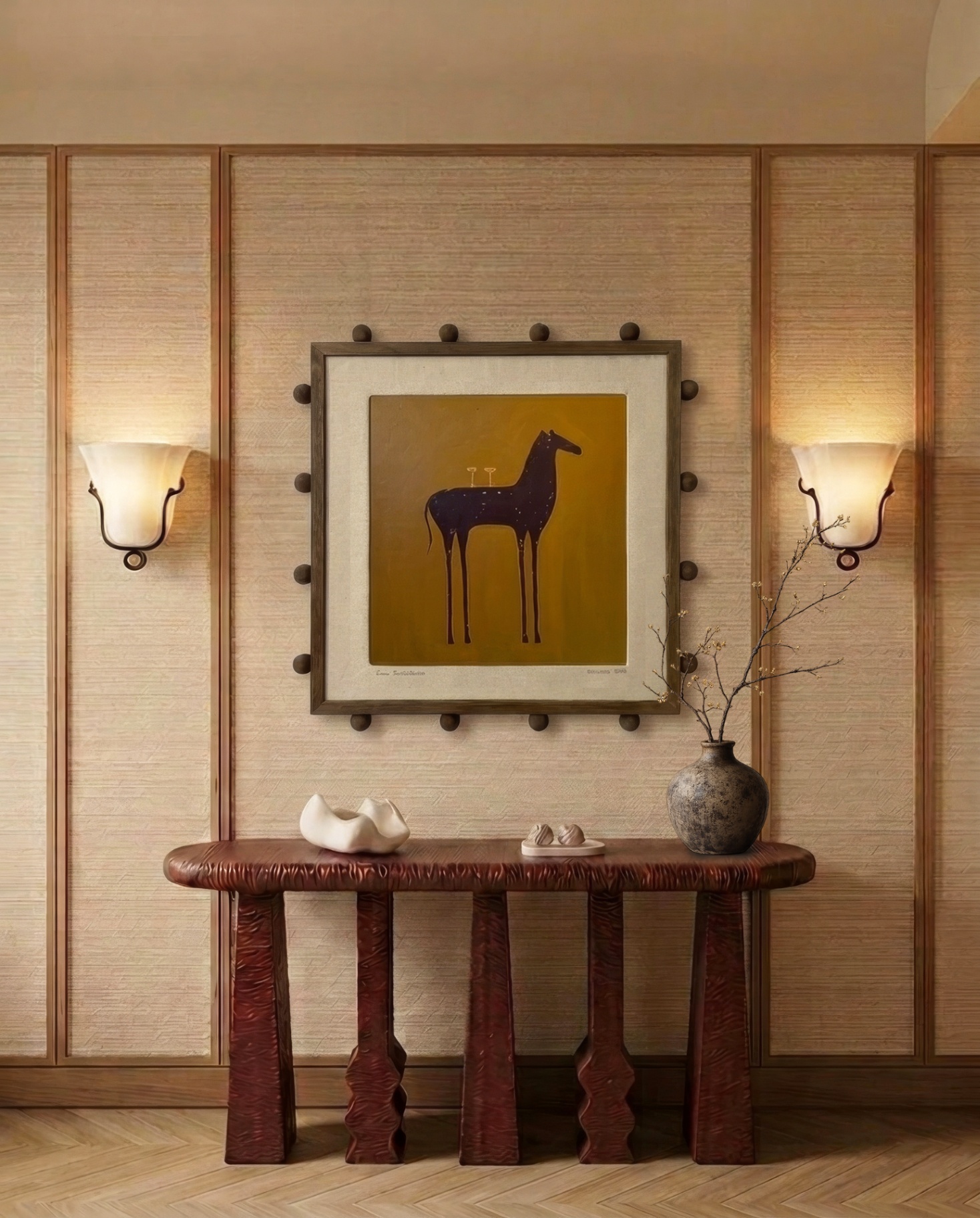 Entry hall with sculptural console and warm wall panels