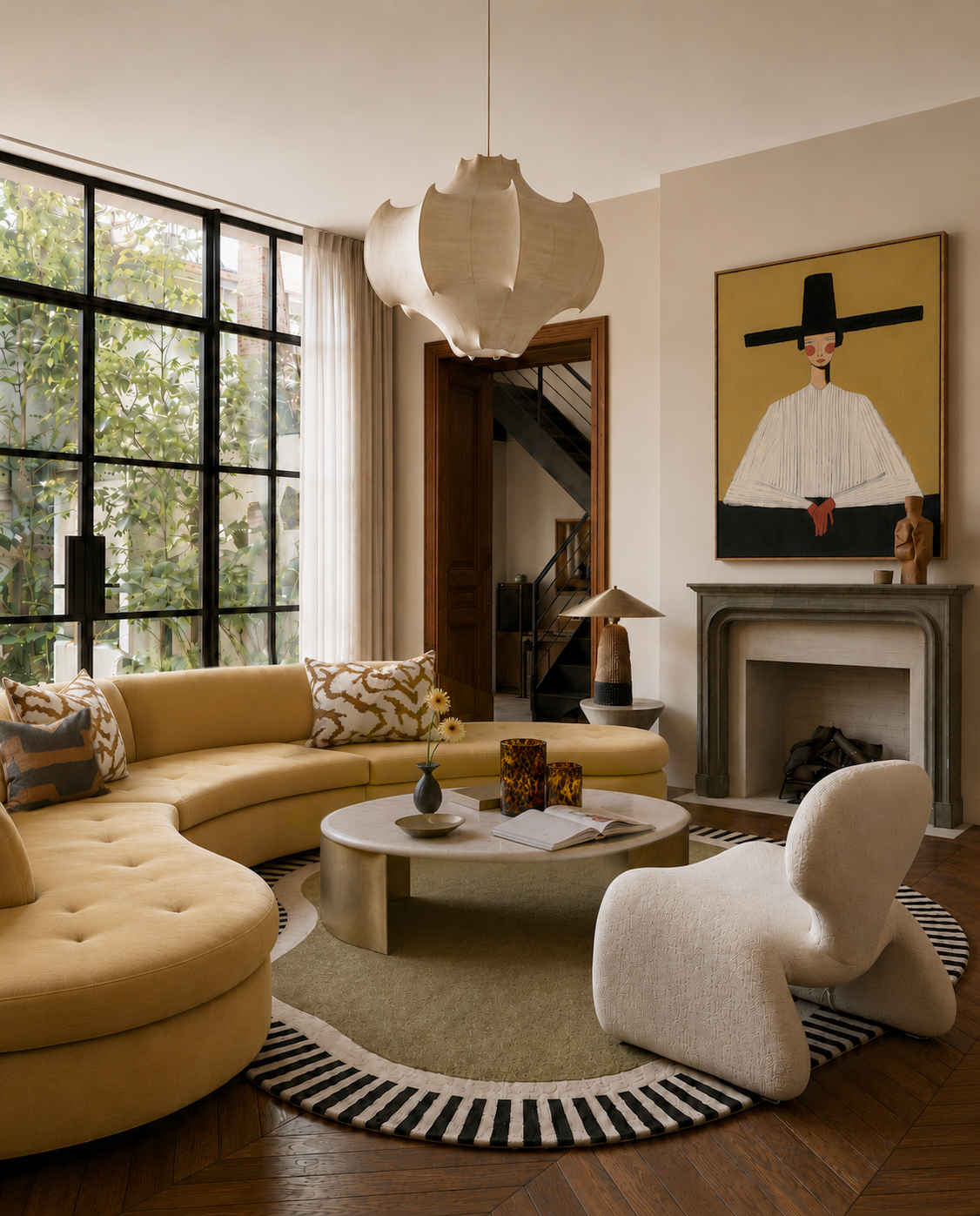 Living room with curved sofa and Cocoon pendant